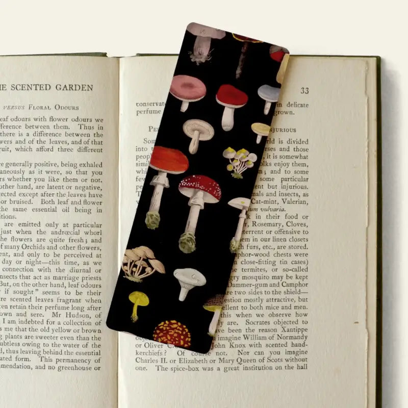 Black Mushroom Double-Sided Bookmark with Vintage Marbling