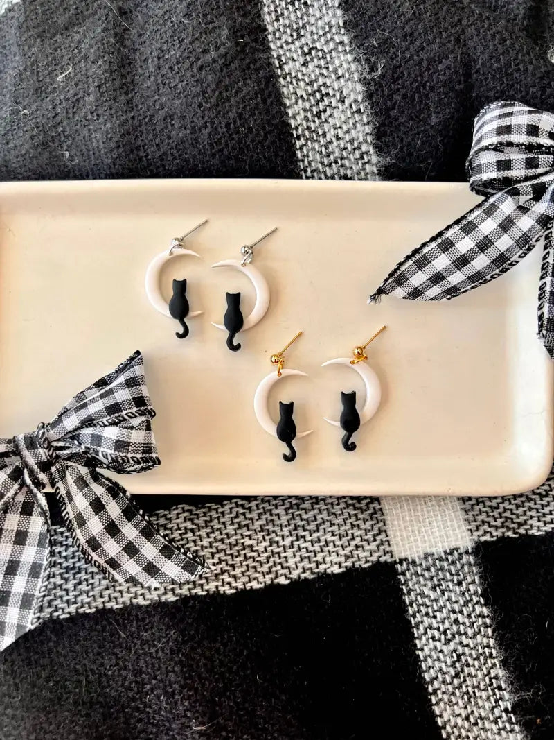 Cat Moon Earrings Moon Earrings Cat Clay Earrings - silver