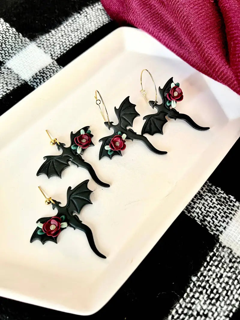Dragon Rose Earrings Dragon Clay Earrings - hoop