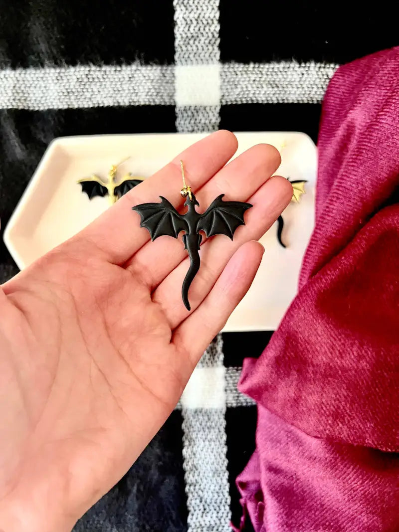 Gold Dragon Earrings Dragon Clay Earrings - gold wings