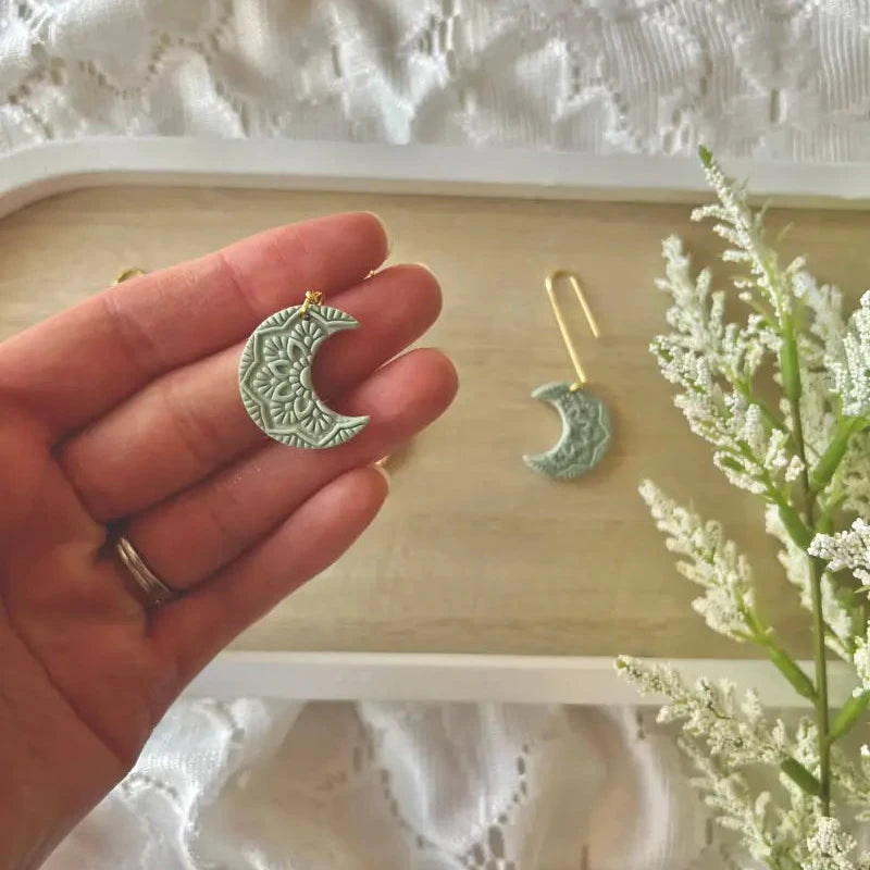 Moon Mandala Earrings Moon Clay Earrings Moon Earrings - Green
