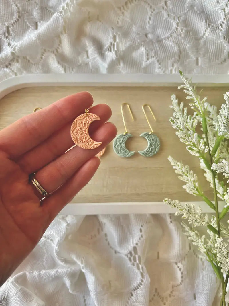 Moon Mandala Earrings Moon Clay Earrings Moon Earrings - Green