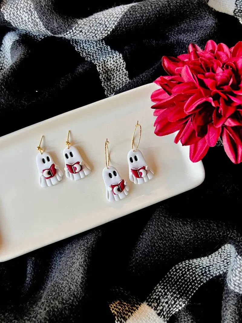 Reading Ghost Hoops Ghost Book Earrings Halloween Earrings - ball posts