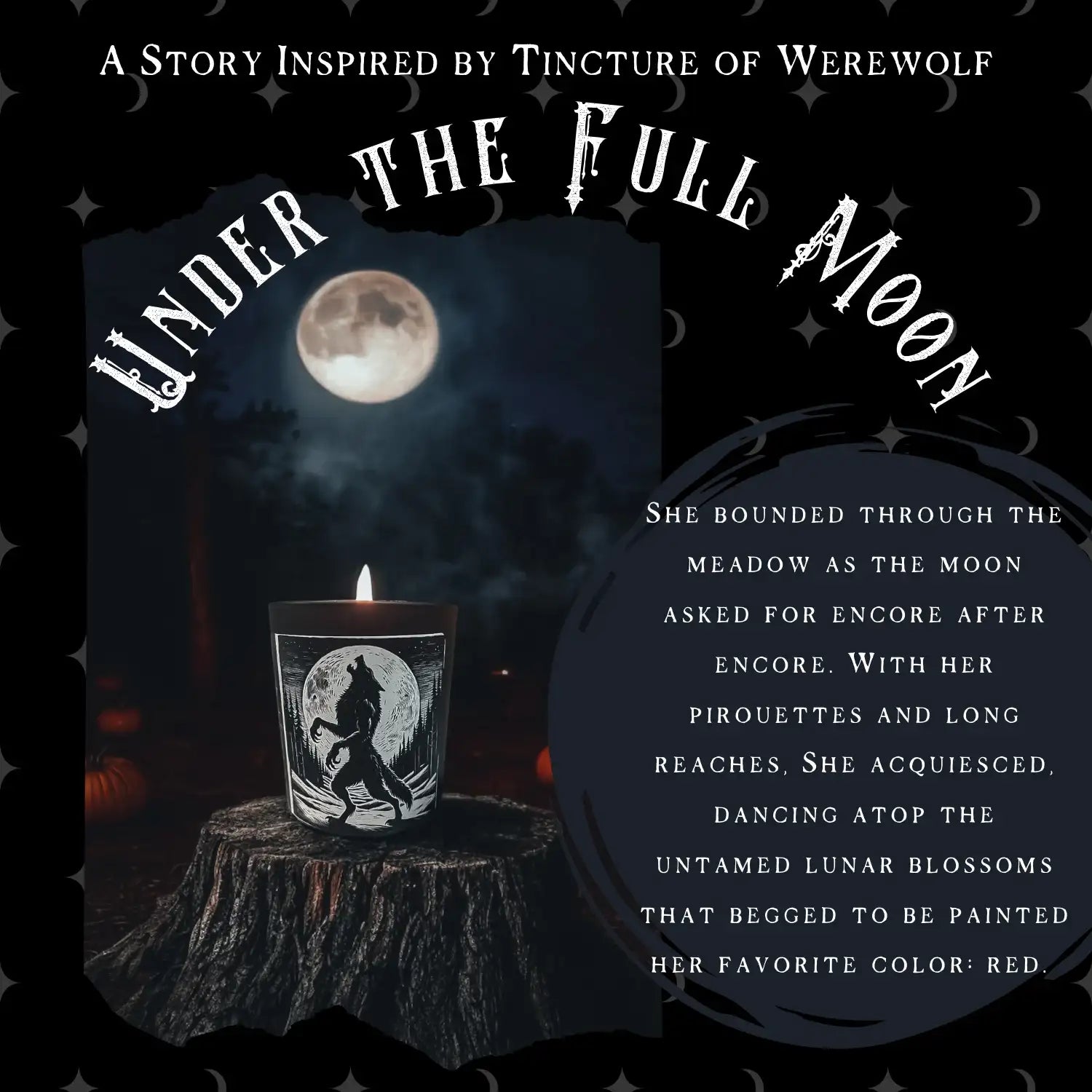 Black candle with white wolf and moon illustration, lit flame atop