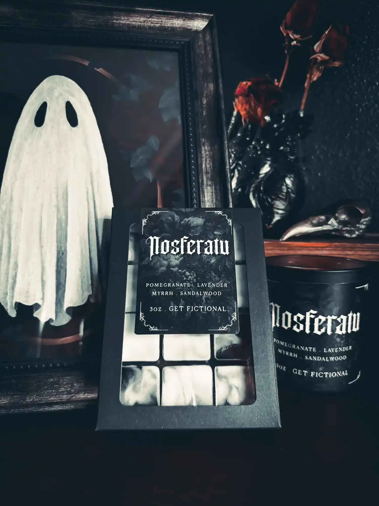 A box of square wax melts with a ’Nosferatu’ label.
