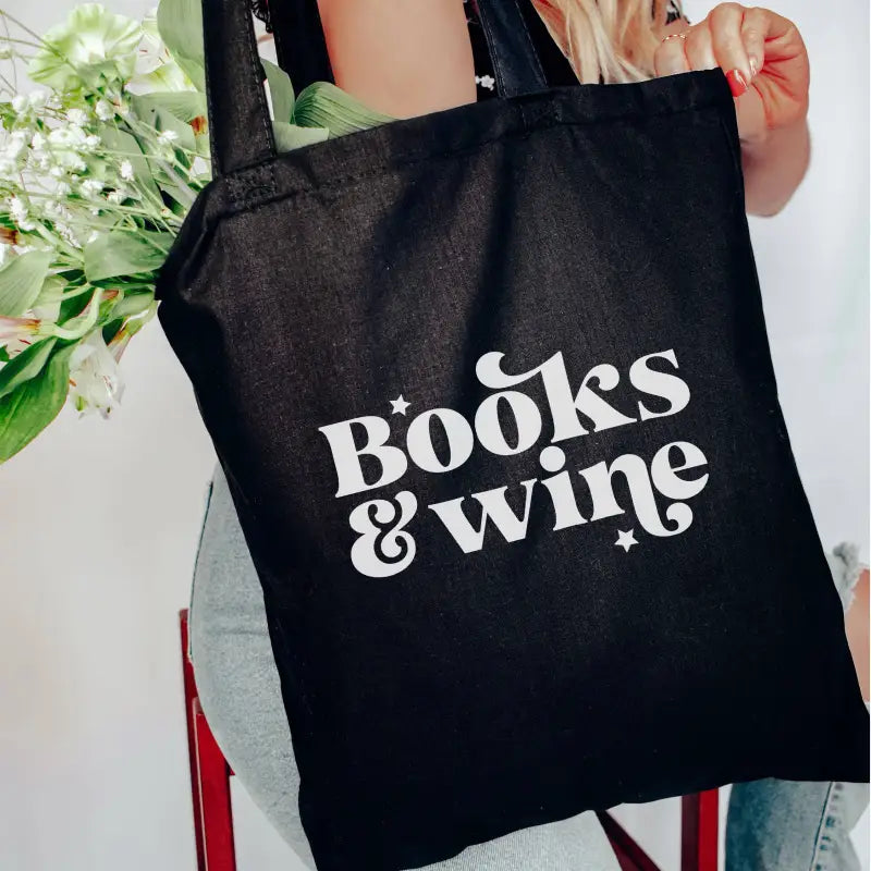 Books &amp; Wine Canvas Tote Bag - Black