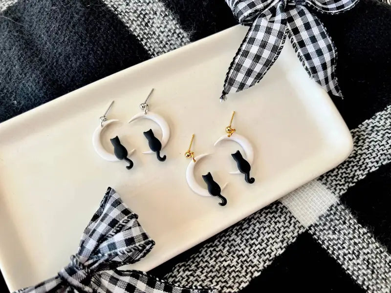 Cat Moon Earrings Moon Earrings Cat Clay Earrings - silver