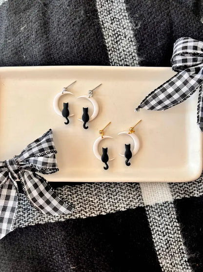 Cat Moon Earrings Moon Earrings Cat Clay Earrings - silver
