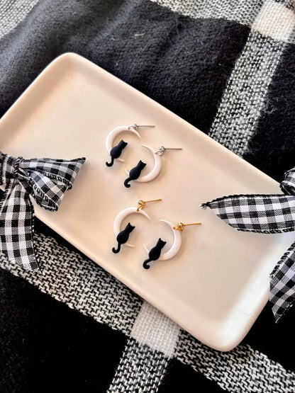 Cat Moon Earrings Moon Earrings Cat Clay Earrings - silver