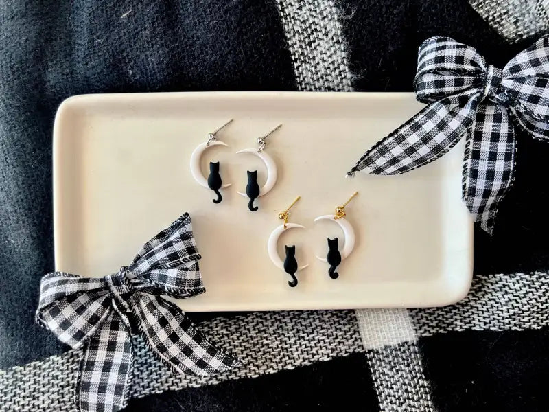 Cat Moon Earrings Moon Earrings Cat Clay Earrings - silver