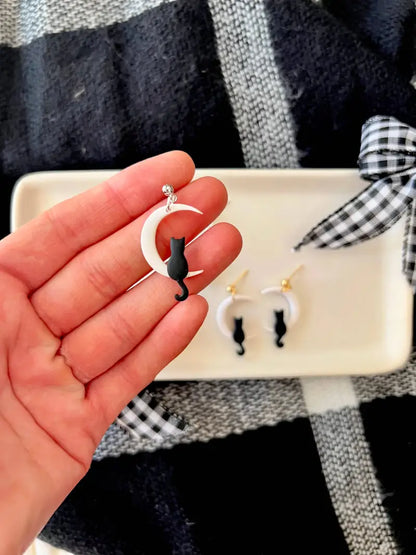 Cat Moon Earrings Moon Earrings Cat Clay Earrings - silver