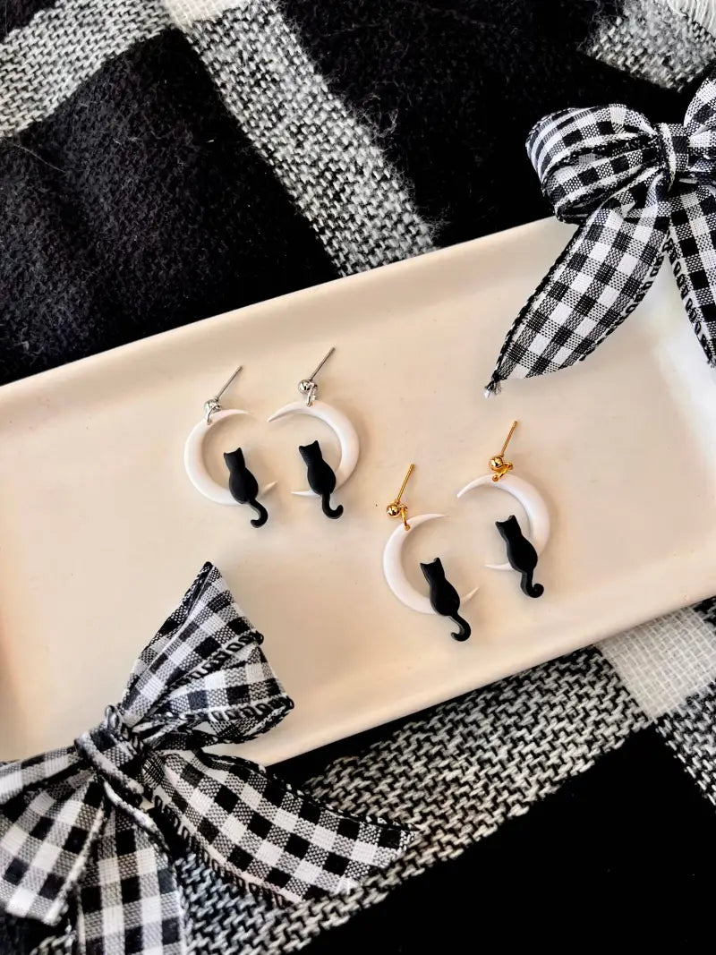 Cat Moon Earrings Moon Earrings Cat Clay Earrings - silver