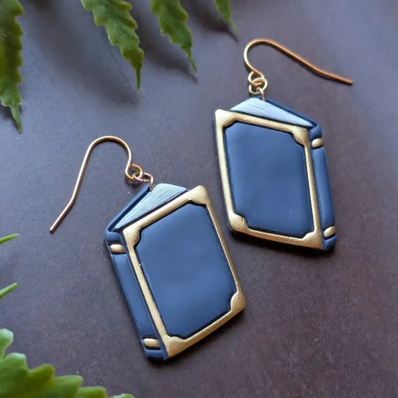 Dark Blue and Gold Book Dangle Earrings