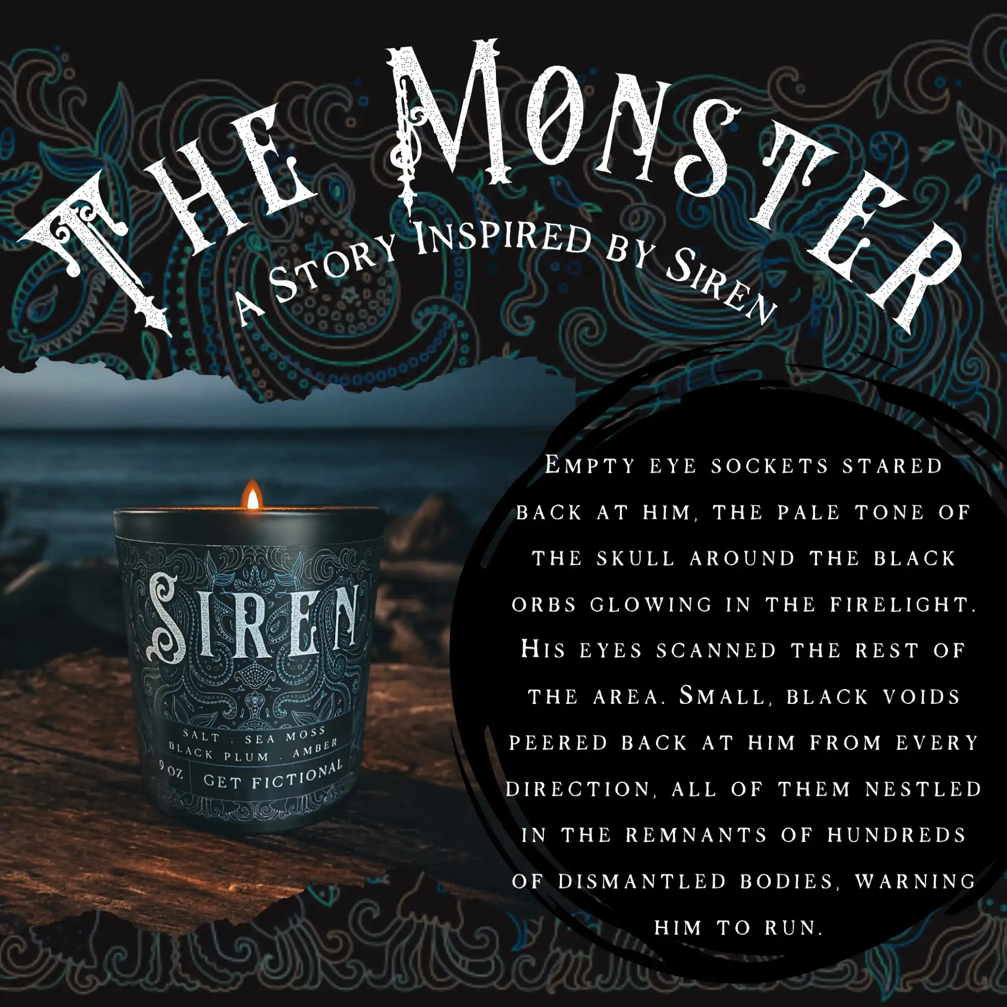 A dark, lit candle in a decorative jar.