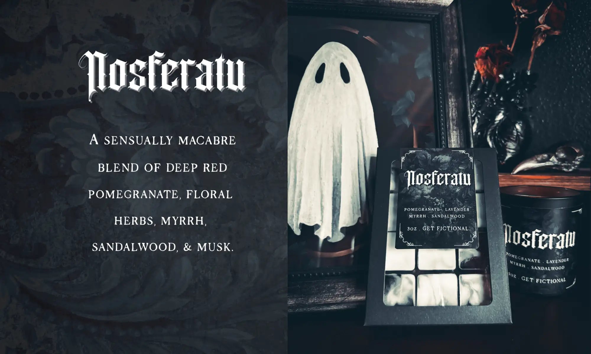 Nosferatu candle box set with ghost design, black and white packaging.