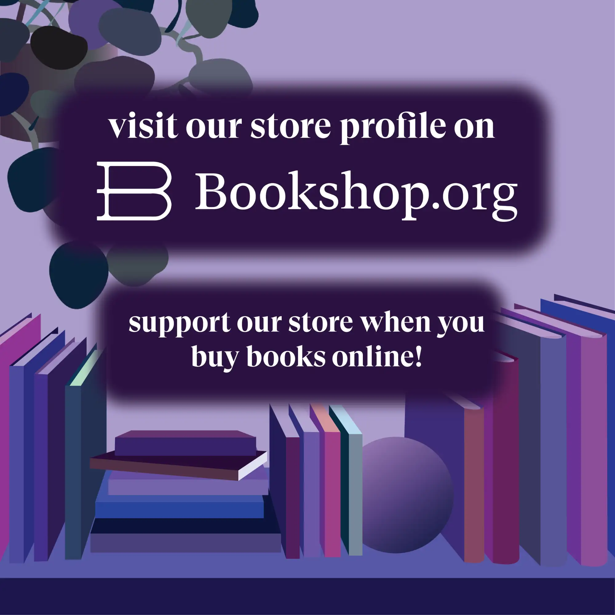 Purple and blue bookshelf with stacked books.