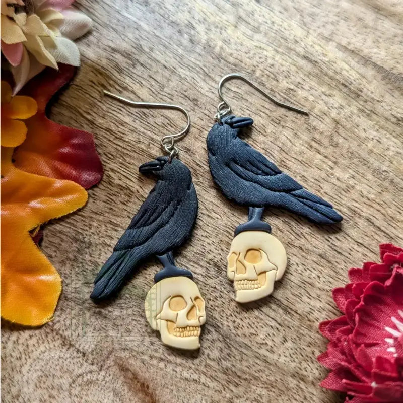 Raven On Skull Dangle Earrings