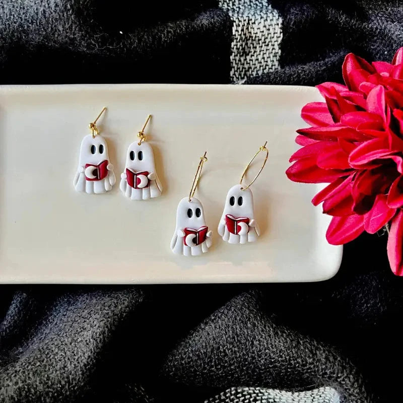 Reading Ghost Hoops Ghost Book Earrings Halloween Earrings - ball posts