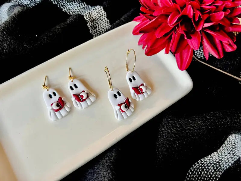 Reading Ghost Hoops Ghost Book Earrings Halloween Earrings - ball posts