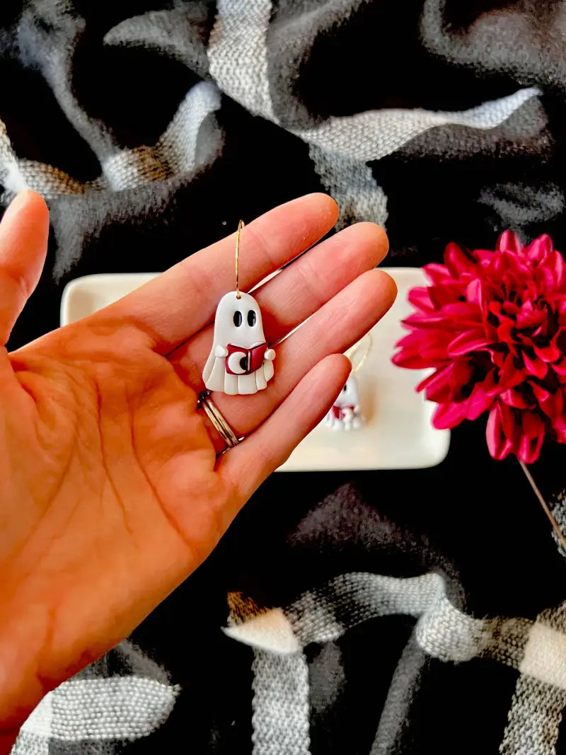 Reading Ghost Hoops Ghost Book Earrings Halloween Earrings - ball posts
