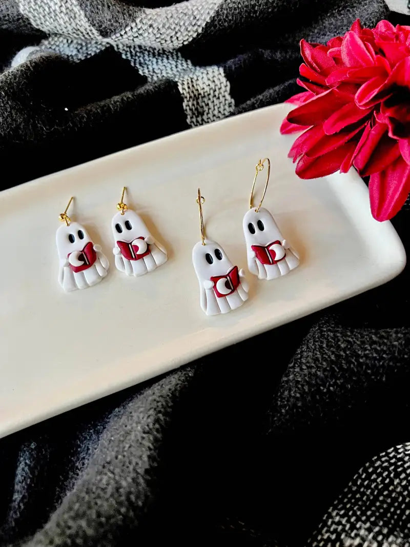 Reading Ghost Hoops Ghost Book Earrings Halloween Earrings - ball posts